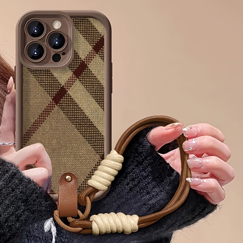 Samsung Galaxy S24 - Bruine strepen lanyard bandje telefoonhoesje voor